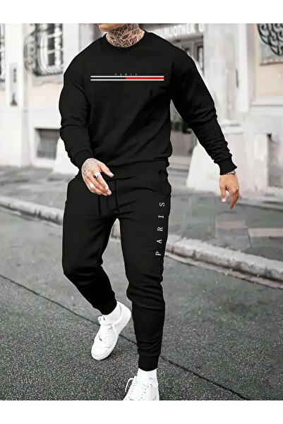 puolikuu طقم رياضي سويت شيرت وبنطلون جوجر - مقاس كبير مع طباعة باريس بارزة