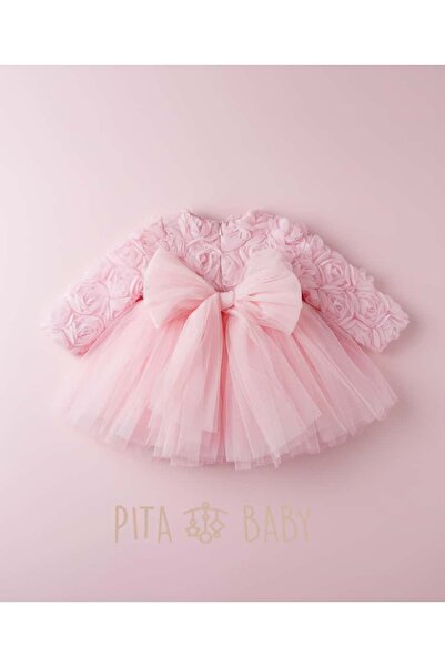 PİTABABY Kız Bebek Pembe Özel Gün Elbisesi – Fiyonk ve Çiçek Detaylı Tüllü Model