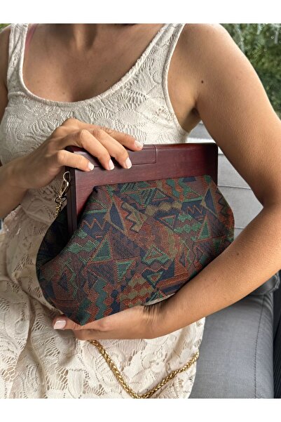 JOPHIEL Penalope Collection - Chain, Wooden Handle Fabric Bag, Clutch, Handbag, Purse