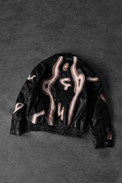 Slatra Чоловіча чорна шкіряна куртка на блискавці з вишивкою та підкладкою