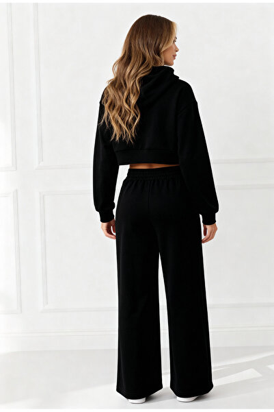 ALİKA Real Women's Hooded Basic Crop Wide Leg Sweatpants Set