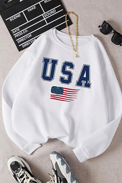 Elvino Hanorac oversize unisex alb cu imprimeu SUA