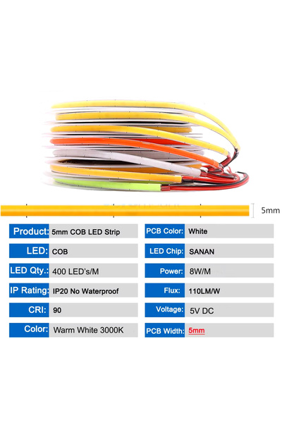 Generic COB Flexible LED Strip Slim 5mm High Bright 400 Led's/m 12V Warm White 5m Roll