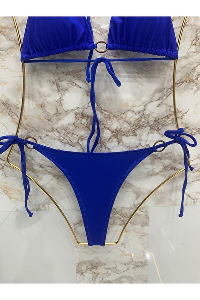 VAJESTO Kadın Mavi Halka Detay String Yandan Ve Boyundan Bağlamalı Şık İpli Tanga Likralı Bikini Takım