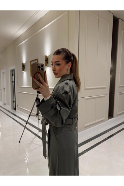 FMN Butik crop kesim kol bel kemer detay kumaş minik çizgi detay tasarım muadil pinterest kısa trençkot ceket