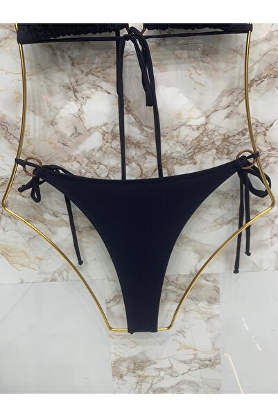 Genel Markalar Kadın Lacivert Halka Detay String Yandan Ve Boyundan Bağlamalı Şık İpli Tanga Likralı Bikini Takım
