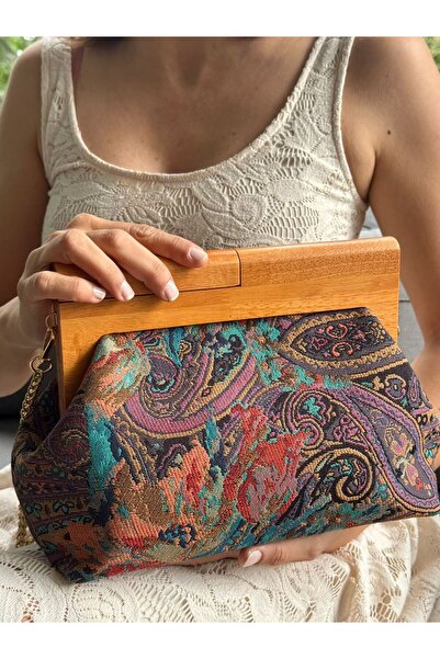 JOPHIEL Penalope Collection - Chain, Wooden Handle Fabric Bag, Clutch, Handbag, Purse