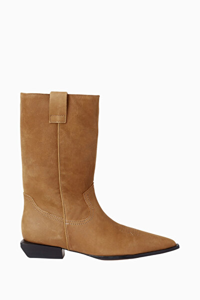 Schutz Ashley 30 Kahverengi Deri Western Topstitch, Düşük Blok Topuklu Lüks Bot