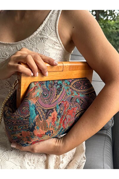 JOPHIEL Penalope Collection - Chain, Wooden Handle Fabric Bag, Clutch, Handbag, Purse