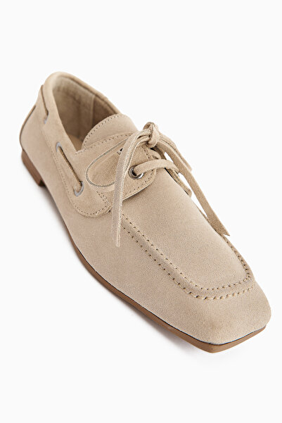 Limoya Arian Genuine Leather Beige Suede Lace-Up Moccasin Casual Loafer Women's Shoes