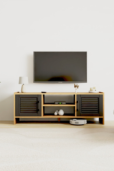 interGO Molde Retro Tv Sehpası MDF Membran Kapaklı Raflı Tv Ünitesi Televizyon Sehpası