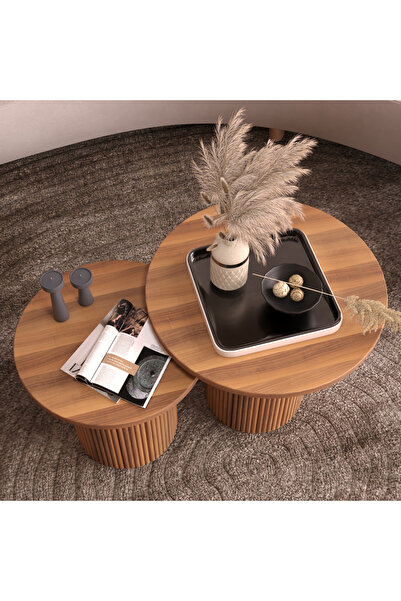 İz Home %100 MDF Modern Dekoratif Orta ve Yan Sehpa Seti Silindirik Ayak Tasarımlı