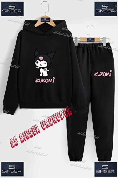 SS SİNSER Детски унисекс комплект спортен екип с качулка и принт „KUROMI GOZ ...