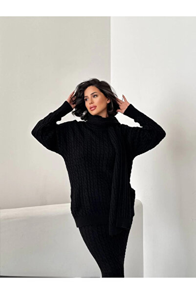 Lusin Women's Black Scarf Hair Braided Skirt Sweater Scarf 3-Piece Set