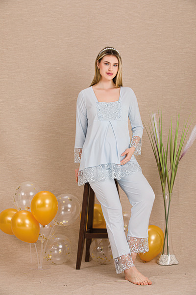 MOPİ Κομψό μακρυμάνικο σετ πιτζάμες για έγκυες και μετά τον τοκετό, με δαντελ...