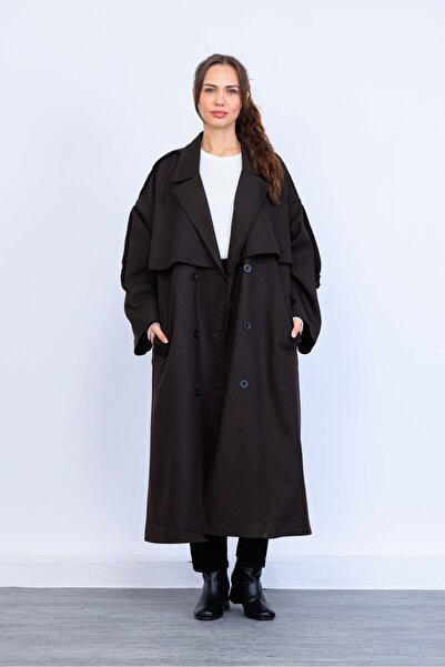 modaparis outlet Kadın Acı Kahve Oversize Kalın Kumaş Uzun Mevsimlik Kruvaze ...