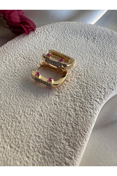 H&S AKSESUAR Zirkon Taşlı Yanları Fuşya Detaylı Altın Kaplama Leyla Küpe