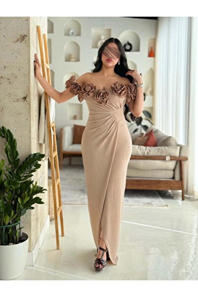 Opera Fashion فستان سهرة أنيق أوف شولدر وتفاصيل ورد بارزة