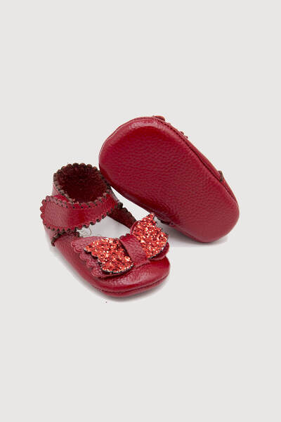 Beybium Baby Girl Velcro Genuine Leather Red Bow Booties Shoes