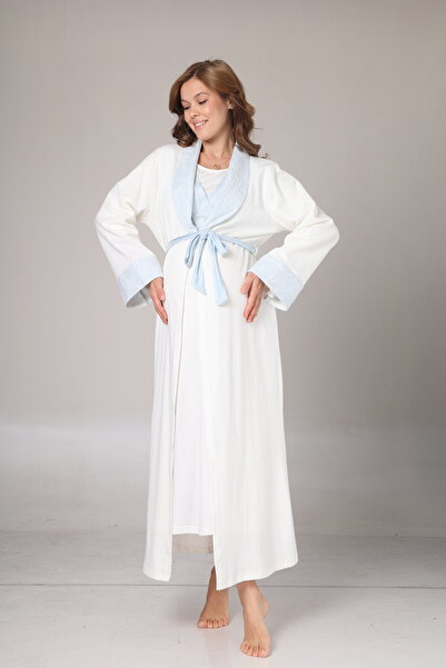 Lohussa Kadın Ekru Jakarlı Şal Yaka Tam Boy Kışlık Uzun Kol Özel Tasarım Lohusa Hamile Sabahlık Gecelik Seti