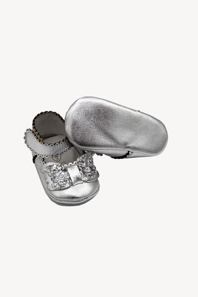 Beybium Baby Girl Velcro Genuine Leather Silver Bow Booties Shoes