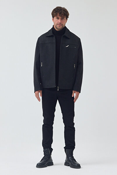 TREND KOMBİN Ανδρικό παλτό με φερμουάρ και καπιτονέ και γούνινο κασετίνι σε χρώμα ανθρακί