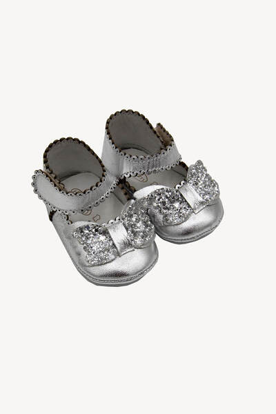 Beybium Baby Girl Velcro Genuine Leather Silver Bow Booties Shoes