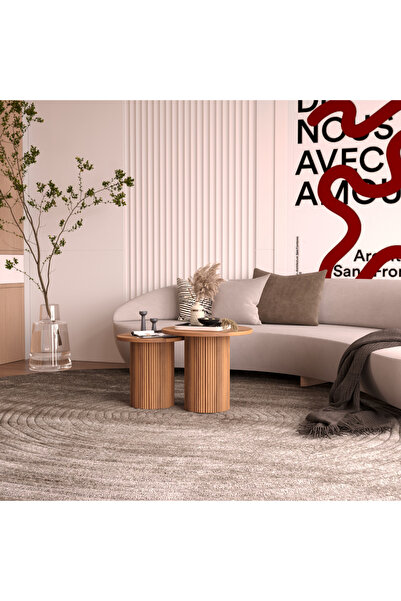 İz Home %100 MDF Modern Dekoratif Orta ve Yan Sehpa Seti Silindirik Ayak Tasarımlı