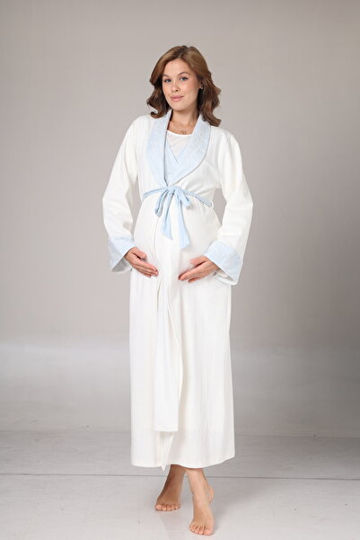 Lohussa Kadın Ekru Jakarlı Şal Yaka Tam Boy Kışlık Uzun Kol Özel Tasarım Lohusa Hamile Sabahlık Gecelik Seti