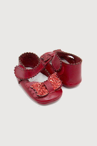 Beybium Baby Girl Velcro Genuine Leather Red Bow Booties Shoes