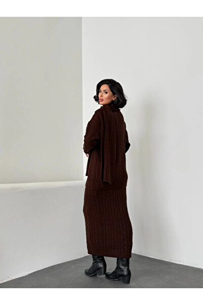 Lusin Women's Bitter Brown Scarf, Braided Skirt, Sweater, Scarf 3-Piece Set