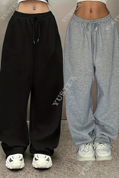 KİNNEAS 2 bucăți Pantaloni de damă negri + gri, mărime mare, largi, cu croial...