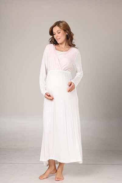 Lohussa Kadın Pudra Şal Yaka Jakarlı Tam Boy Kışlık Uzun Kol Özel Tasarım Lohusa Hamile Sabahlık GecelikSeti