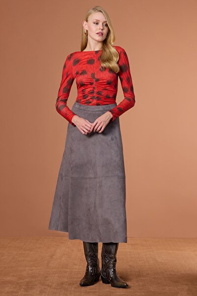 UPGRADE Parçalı Süet Etek Gri