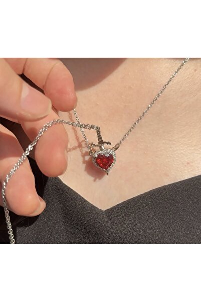 STAİNLES Wound and Healing' Ruby Heart and Dagger Double Necklace
