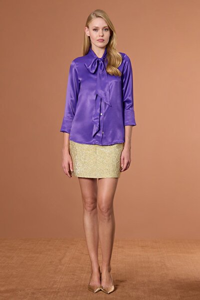 UPGRADE Şal Yaka Saten Bluz Mor