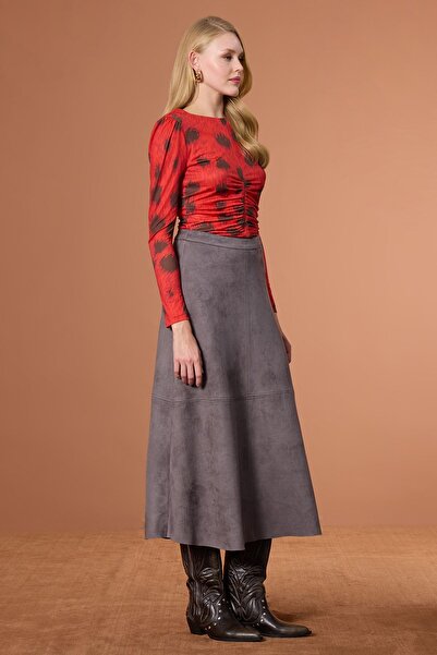 UPGRADE Parçalı Süet Etek Gri