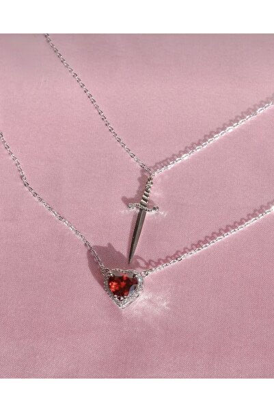 STAİNLES Wound and Healing' Ruby Heart and Dagger Double Necklace
