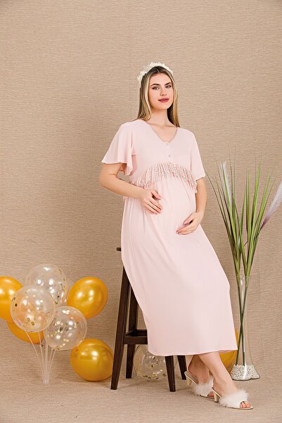 MOPİ Düğmeli V Yaka ve Dantel Detaylı Kısa Kollu Hamile&Lohusa Gecelik Elbise