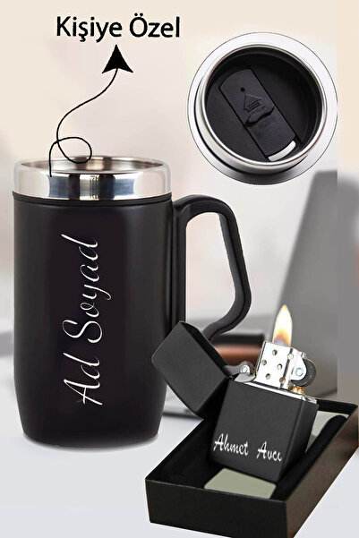 Halk Kitabevi Kişiye Özel Kulplu Siyah Çelik Termos Bardak & Metal Çakmak
