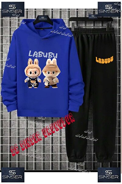 SS SİNSER Çocuk Unısex "LABUBU 2LI KAHVERENGI" Özel Baskılı Kapşolu Eşofman Takımı