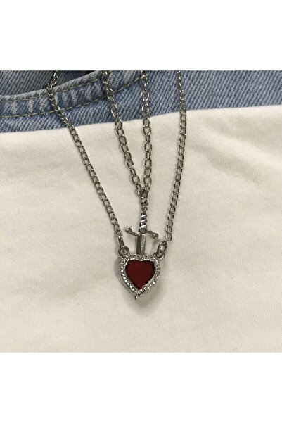 STAİNLES Wound and Healing' Ruby Heart and Dagger Double Necklace