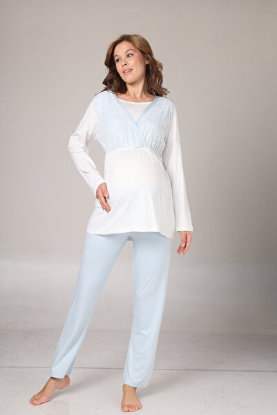 Lohussa Kadın Mavi Jakarlı Şal Yaka Dantelli Kışlık Özel Tasarım Lohusa Hamile Sabahlık Pijama Takımı Seti