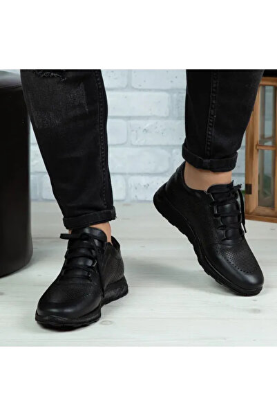 Piello Pantofi Sport cu Talpă Neagră, Piele Naturală cu perforații, Negru