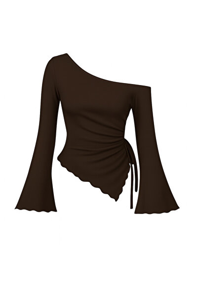 Wild Flower Μπλούζα με μακρύ μανίκι Bitter Brown με ασύμμετρο λαιμόκοψη και δραπέτες στο πλάι