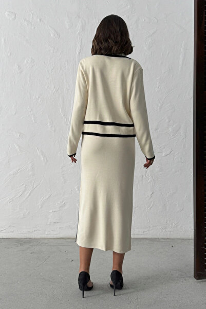 Lusin Жіночий екрю стильний кардиган з перловими ґудзиками, спідниця, верхній одяг, трикотажний комплект