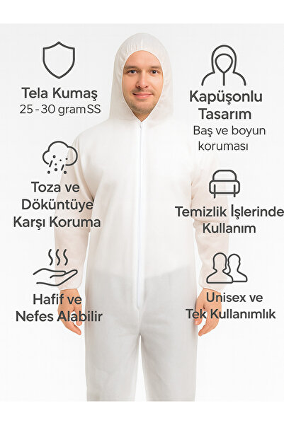 white guard Tek Kullanımlık Tela Temizlik Tulumu – 5 li Paket -Beyaz- Kapüşonlu