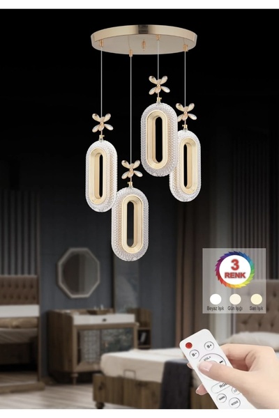 Akgül 4'li Gold Kaplama Sarkıt Kumadalı Led Salon Avize 3 Renk Ledli