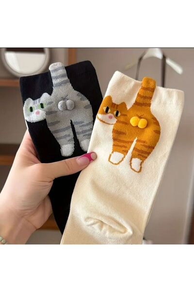 bag and shine Sevimli İkili Kedili Çorap - Sevgili Çift Çorabı