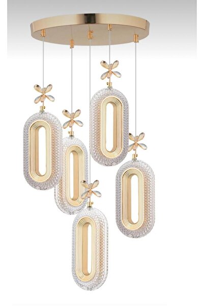 Akgül 5'li Gold Kaplama Sarkıt Led Salon Avize 3 Renk Ledli